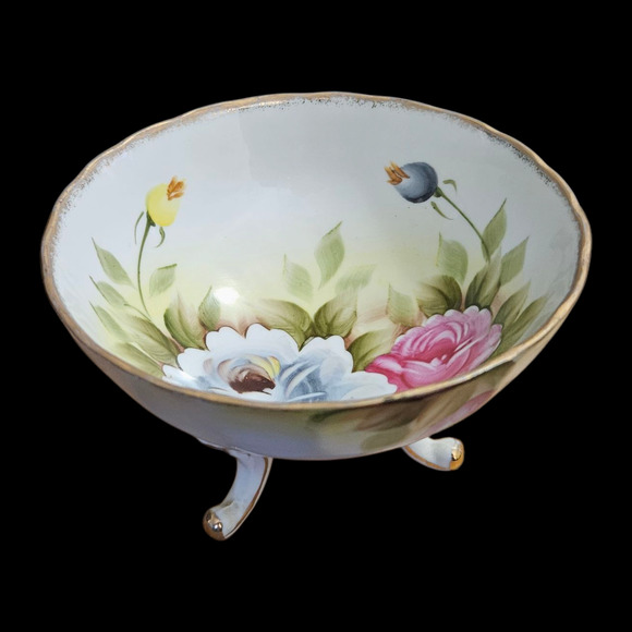 Hand-Painted Floral Footed Bowl - 3 Legs, Vintage Porcelain - Picture 3 of 7